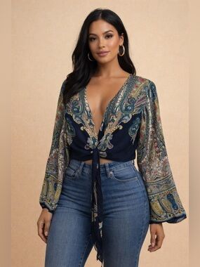 Vintage Y2K Rene Derhy Small Semi Sheer Paisley Tie Front Blouse Boho Western